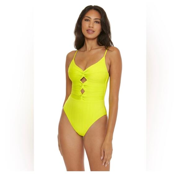 Becca Prima Camille Zesty Neon Yellow Strappy Cut Out One Piece Swimsuit Size L - Picture 1 of 9